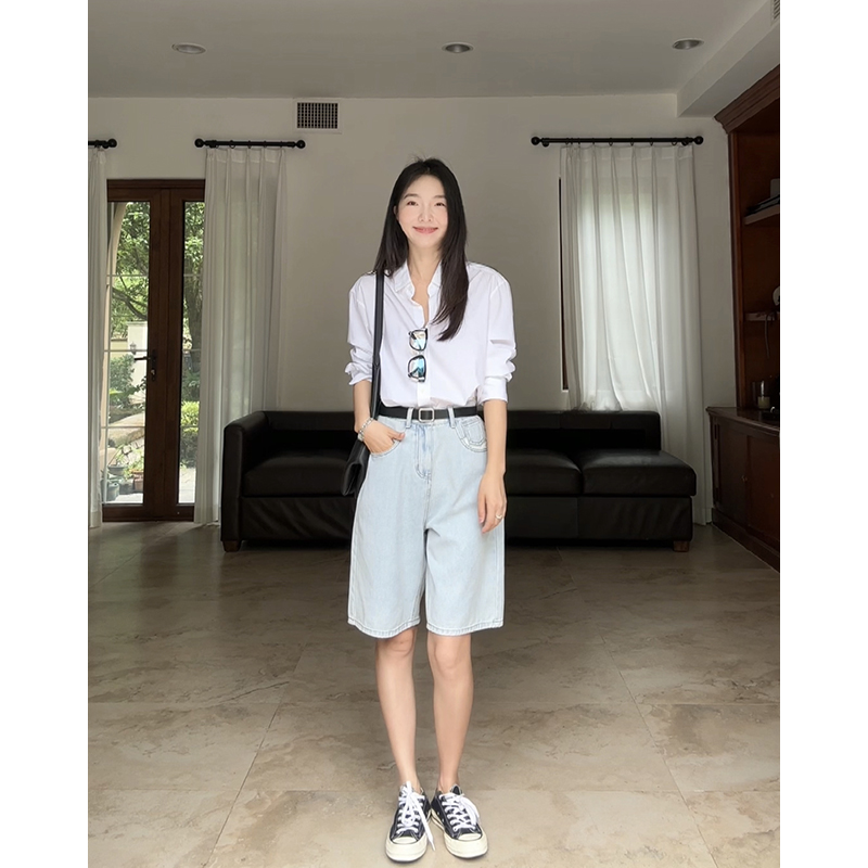 郭九九呢 棉质清爽复古通勤衬衫上衣女夏水洗五分牛仔裤短裤腰带