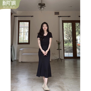 西装 U领开衩鱼尾连衣裙女夏抽绳气质长裙韩版 外套 郭九九呢