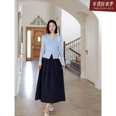 郭九九呢 羊毛桑蚕丝迪士尼在逃公主百搭开衫女春季高腰显瘦半裙