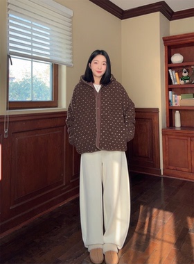 郭九九呢 韩系波点宽松毛毛夹棉连帽外套加绒弯刀裤 G925H19460