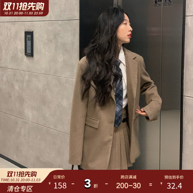 【郭九九呢】新款学院风毛呢外套衬衫百褶短裙长裙呢子西装套装女