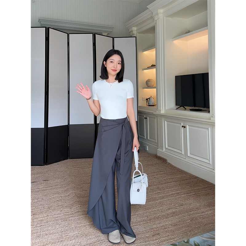 郭九九呢 棉经典圆领百搭短袖T恤显瘦上衣设计感不规则西装阔腿裤
