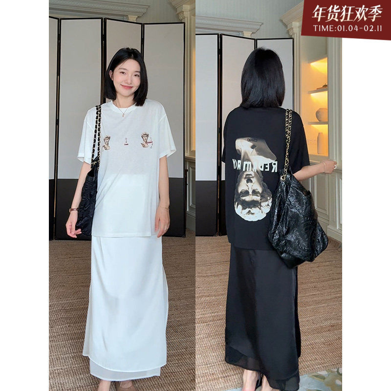 郭九九呢 天丝棉宽松圆领印花短袖T恤夏季百搭上衣拼接开叉半身裙,女装/女士精品,时尚套装,淘宝优惠券,粉丝福利购,淘宝优惠卷