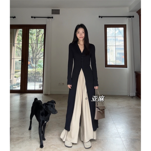郭九九呢 显瘦气质百搭针织开衫2024新款亚麻垂感松紧腰阔腿裤裙