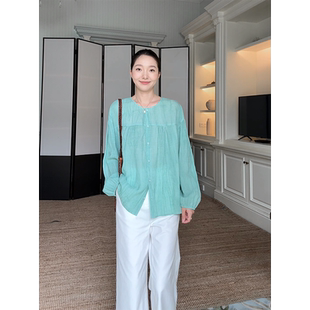 女 郭九九呢 天丝亚麻圆领宽松长袖 衬衫 早秋上衣百搭九分直筒裤