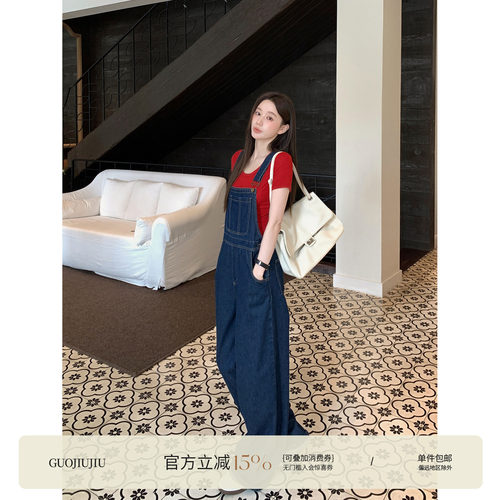 郭九九呢 棉复古显瘦牛仔背带裤U领修身百搭短袖t恤夏季新款上衣