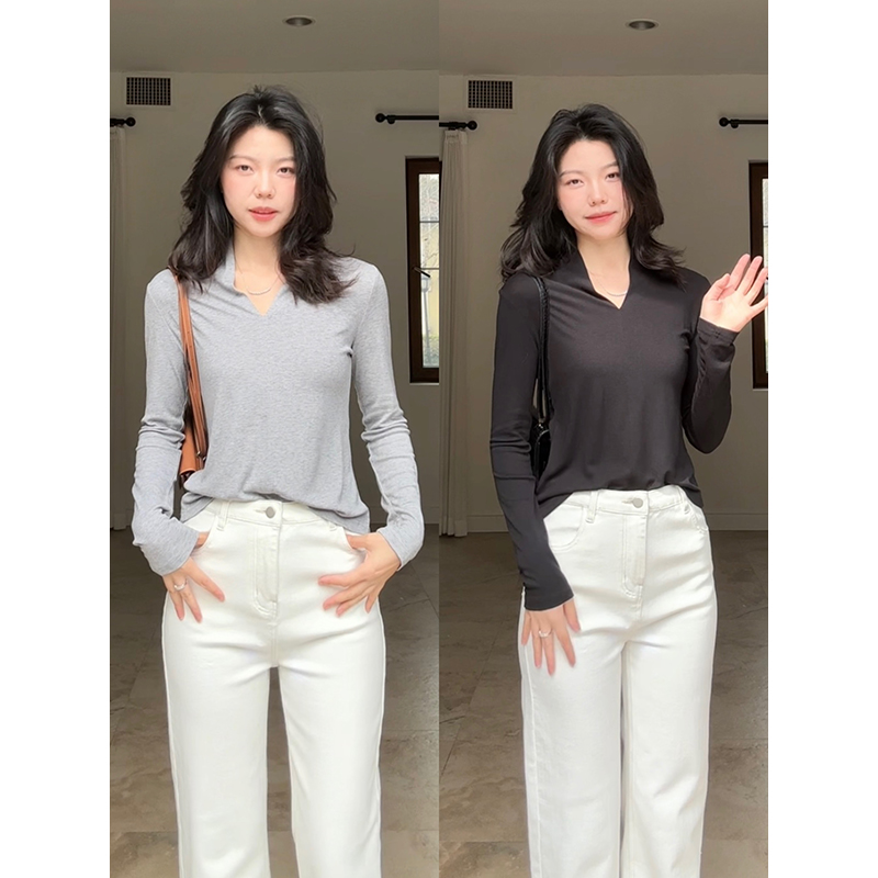郭九九呢 羊毛简约V领舒适百搭弹力修身显瘦长袖T恤春季新款上衣
