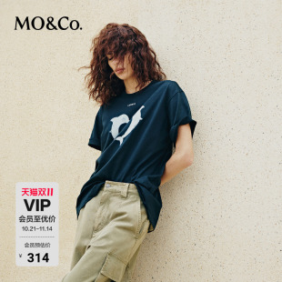 T恤海豚斑驳做旧印花H型宽松圆领棉质摩安珂 MOCO短袖 抗菌防螨