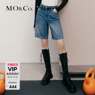 附腰带裤 复古中裤 子女摩安珂 美式 MOCO蓝色直筒棉质五分法棍牛仔裤