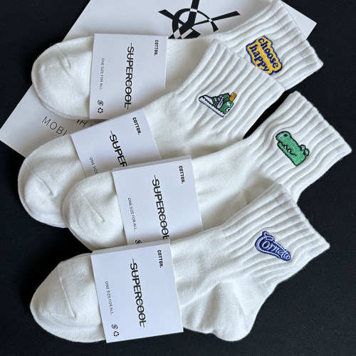 白色中长筒袜子纯棉运动防臭男女