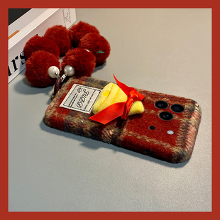 ins风红色格子适用苹果17手机壳iPhone16e秋冬15promax毛绒14pro立体8plus圣诞树13mini带12挂链se4/air/11/7