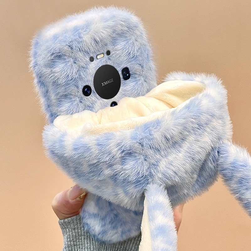 毛绒豹纹兔子耳朵适用华为mate80promax手机壳mete80gts卡通70air立体60rs毛茸茸50e秋冬40pro+毛毛30epro十p