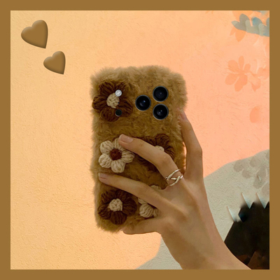 ins风毛绒针织适用苹果17手机壳iPhone16e秋冬15promax立体14pro花朵8plus毛茸茸13mini冬天12绒布11/se4/air