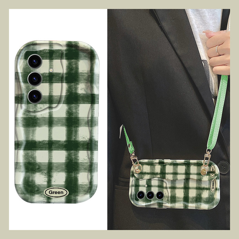 手机壳硅胶ins绿色格子带腕带支架斜跨挂绳
