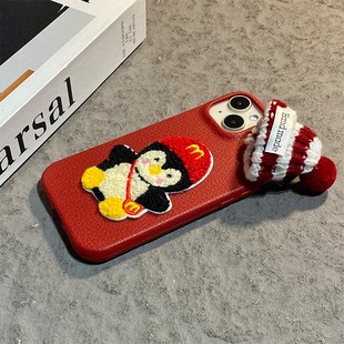 毛绒刺绣企鹅适用华为mate80promax手机壳mete80gts秋冬70air立体60pro 红色50e圣诞40卡通30e仿皮十honor女p