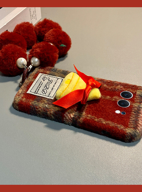 ins风红色格子适用华为荣耀500pro手机壳畅玩70plus秋冬x70i毛绒300ultra立体power圣诞树90gt带400挂链200女