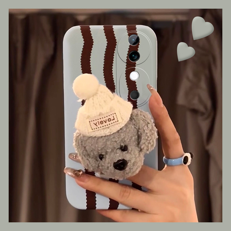 手机壳线条卡通立体秋冬毛绒帽子小狗带支架