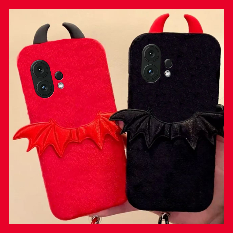 手机壳秋冬毛绒卡通恶魔翅膀立体耳朵尼龙绳