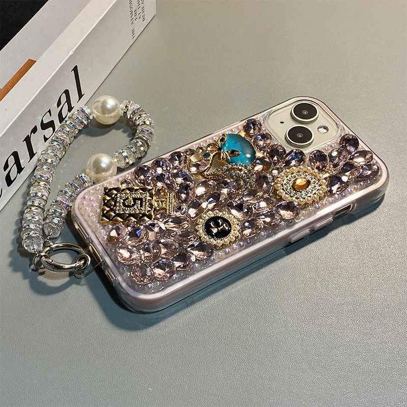 手机壳硅胶满屏宝石香水瓶带手链