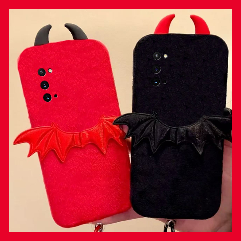 手机壳秋冬毛绒卡通恶魔翅膀立体耳朵尼龙绳