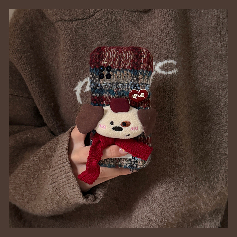 手机壳秋冬绒布条纹立体卡通围巾爱心小狗