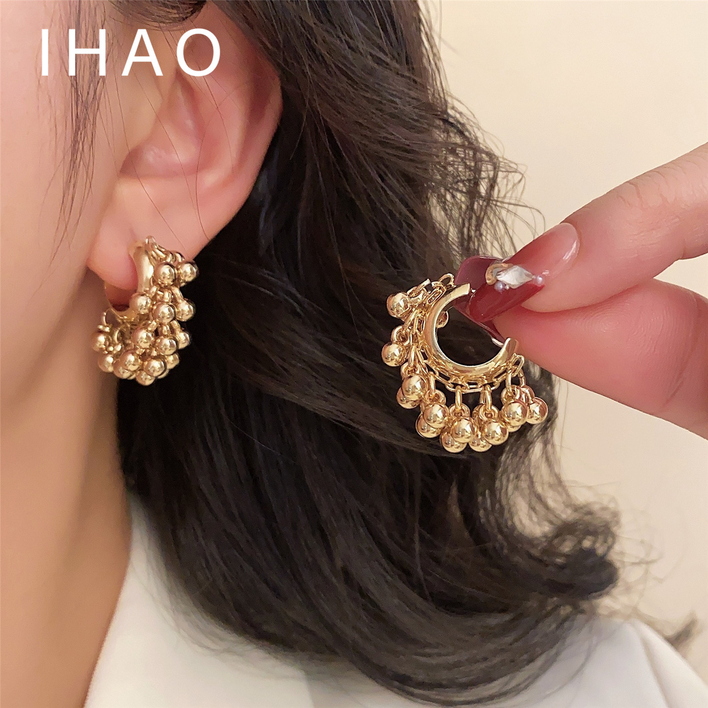 巫山几何~欧美时髦金属球球气质流苏几何耳圈 气质辣妹高级感耳环