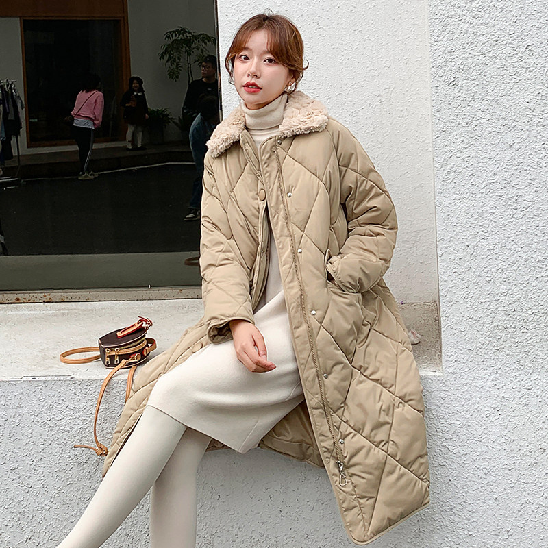 菱格羊羔毛领棉服女冬季2021新款韩版宽松中长款加厚棉衣外套潮