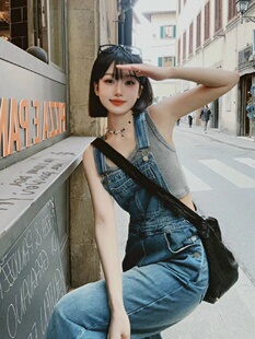 早秋女性咸或甜的街头工装裤高腰褶皱拖地裤早秋直阔腿牛仔连身裤