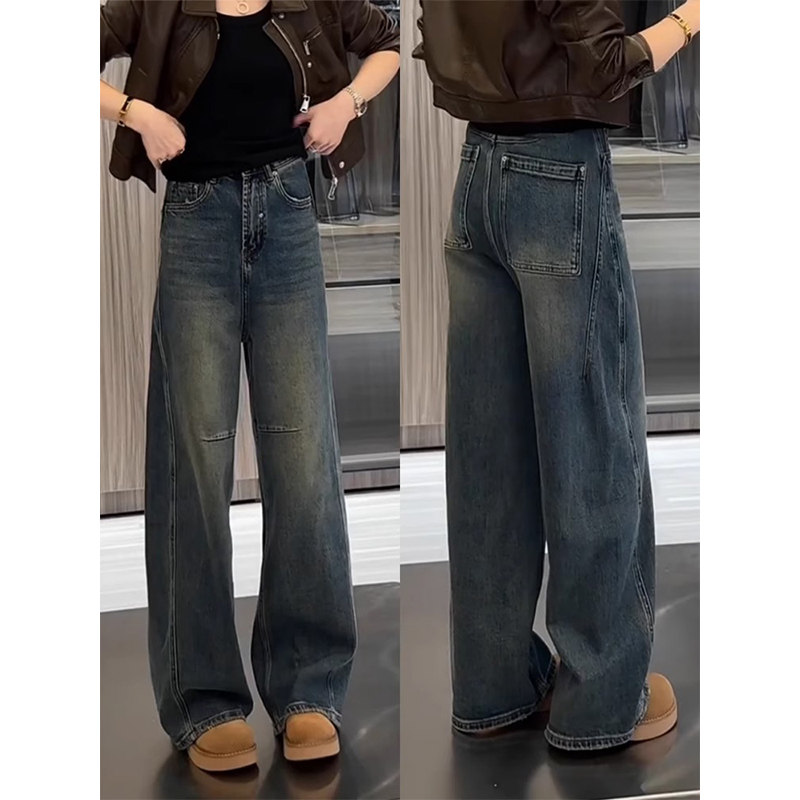 美式复古阔腿牛仔裤女2025春秋新款大码胖mm宽松窄版高腰弯刀裤子,女装/女士精品,牛仔裤,淘宝优惠券,粉丝福利购,淘宝优惠卷