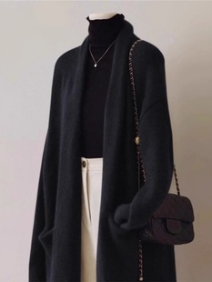 黑色中长款针织开衫女2025秋冬新款高级感宽松加厚美拉德毛衣外套