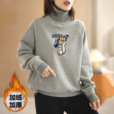 假两件高领印花卫衣女2025秋冬新款大码宽松加绒加厚棉质长袖上衣