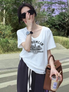 白棉短袖女式t恤2025夏季薄轻松顶部竹棉字母印花v领t恤