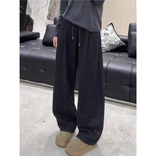 大码胖mm高级感闪闪加厚加绒休闲裤女秋冬遮肉阔腿裤子慵懒风卫裤
