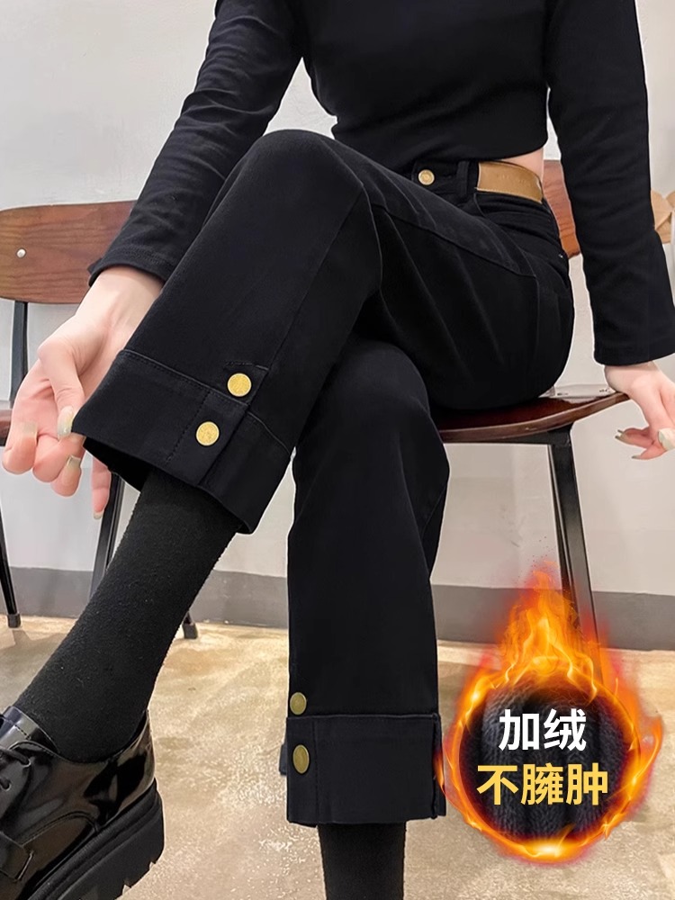 黑色直筒牛仔裤女2025春秋新款小个子高腰显瘦九分加绒烟管法棍裤