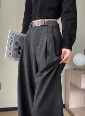 深灰色加绒毛呢阔腿裤女春秋款高级垂感直筒小个子高腰休闲 西装