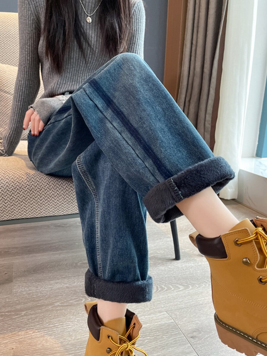 加绒加厚直筒牛仔裤女2025春秋新款高腰宽松休闲大码阔腿老爹裤子