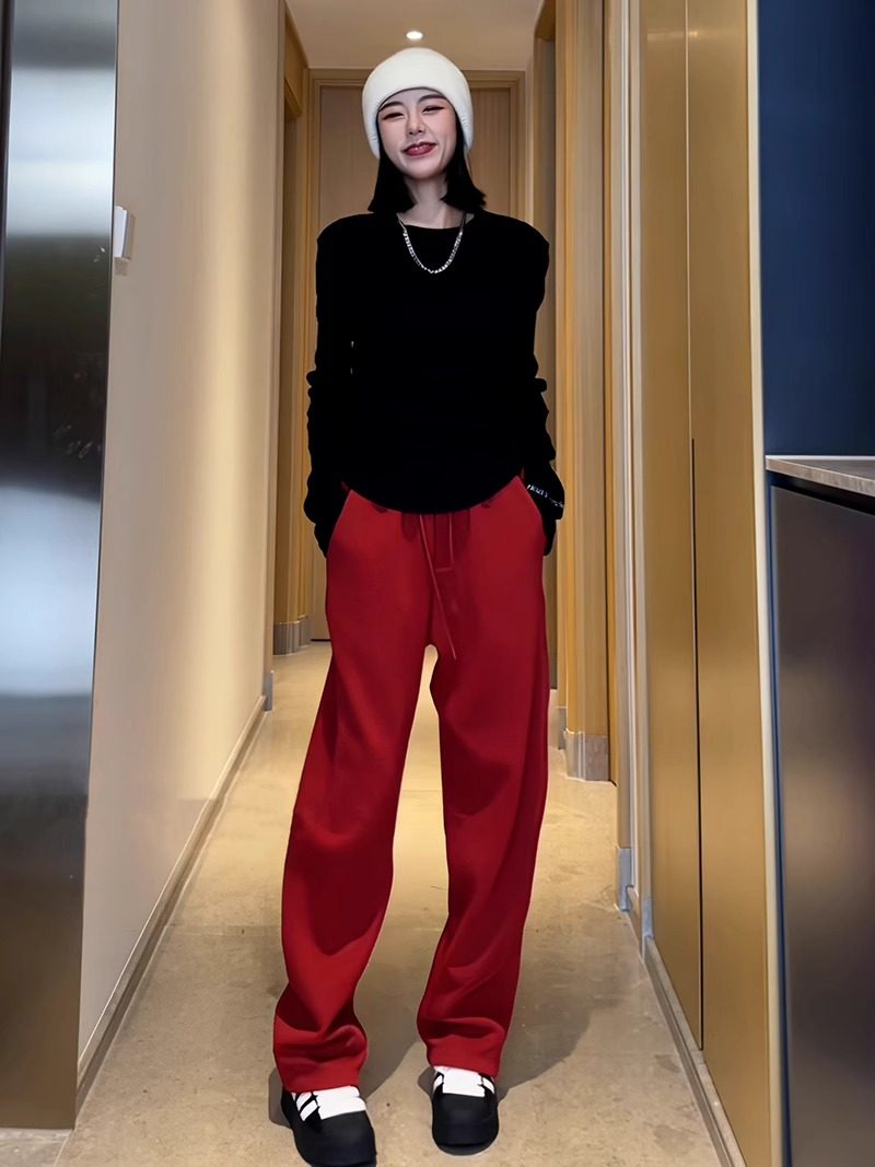 红色阔腿卫裤女新款春秋爆款休闲弯刀香蕉裤子今年流行窄版直筒裤,女装/女士精品,休闲裤,淘宝优惠券,粉丝福利购,淘宝优惠卷