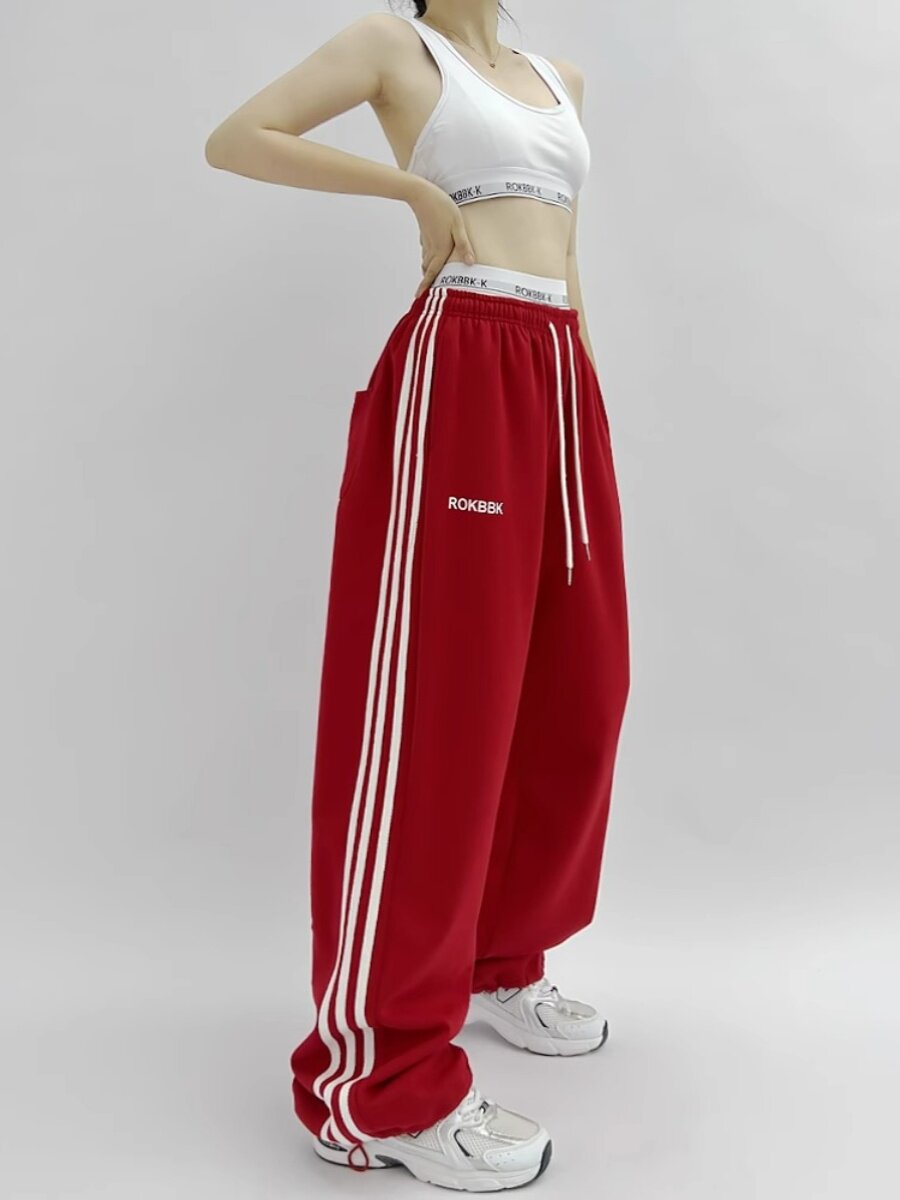 新年红色运动裤女士早秋新款街舞爵士舞嘻哈阔腿裤美式直筒休闲裤 - USDNMF出品