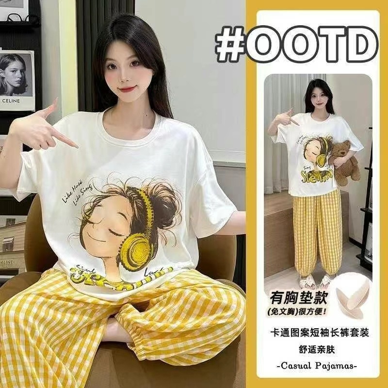 带胸垫睡衣女春秋夏季纯棉短袖长裤卡通可爱宽松云朵棉漫画套装