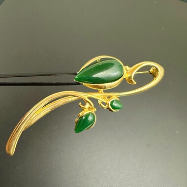 中古绿色翡翠玉石胸针西洋古董k18镀金胸针 服装配饰