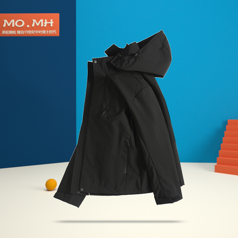 秋冬新款防风外套男童黑色带帽子