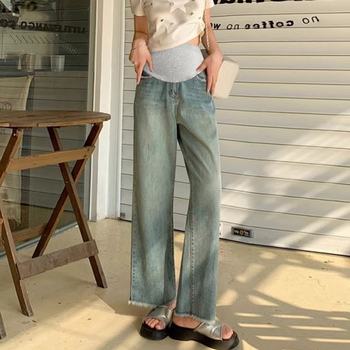 布衣妈咪浅蓝毛边孕妇阔腿牛仔裤