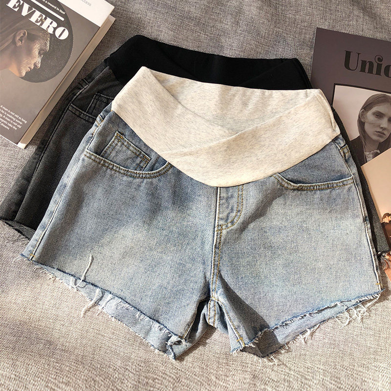 孕妇牛仔短裤夏季薄款外穿夏装低腰款蓝色三分毛边阔腿热裤子夏天