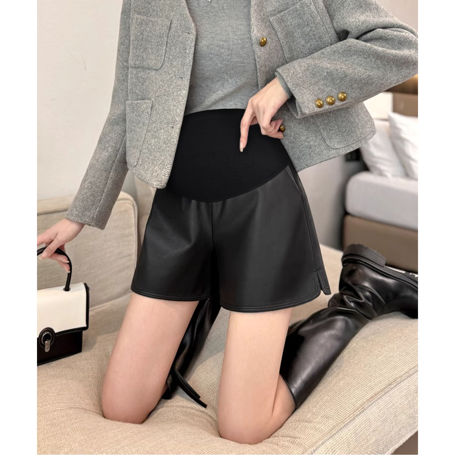 布衣妈咪孕妇pu皮短裤显瘦靴裤
