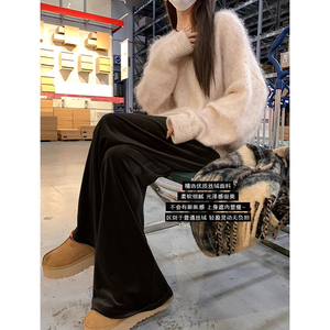 孕妇金丝绒阔腿裤子秋冬季外穿加厚款垂感显瘦黑色休闲直筒拖地裤