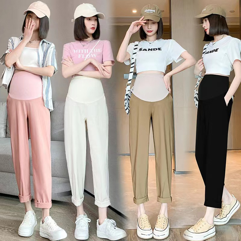 孕妇天丝竹节裤夏季薄款休闲托腹裤子春秋外穿九分时尚百搭哈伦裤