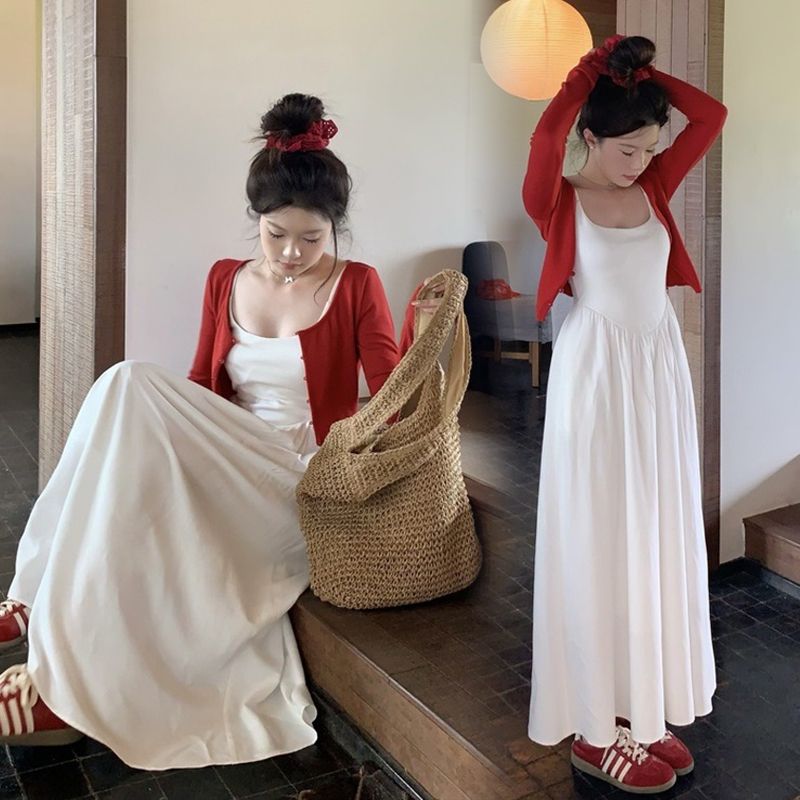 布衣妈咪孕妇红色开衫吊带连衣裙