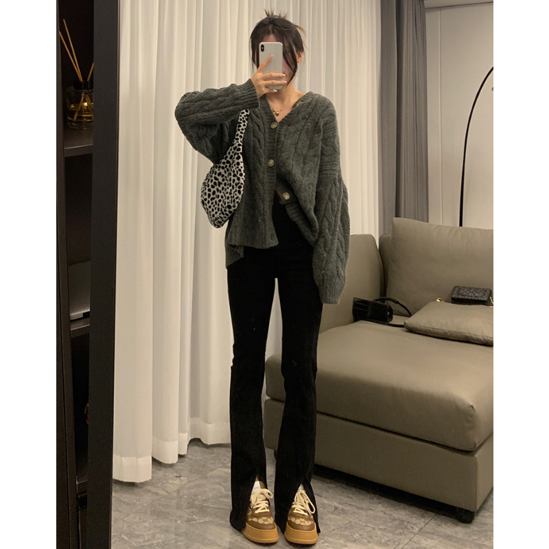 孕婦微喇牛仔褲黑色開叉托腹長褲