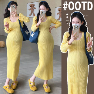 弹力显瘦长袖 简约U领修身 针织打底裙子 2025新款 孕妇连衣裙秋冬装