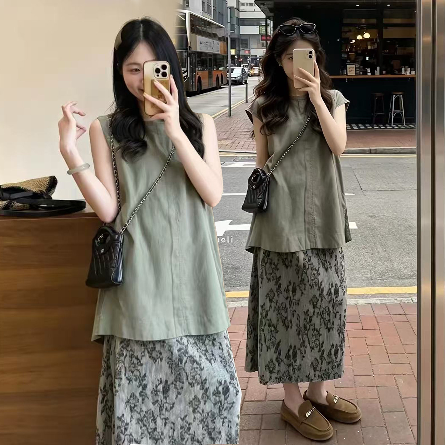 孕妇套装2026新款宽松圆领无袖背心上衣植物印花直筒半身裙子夏季